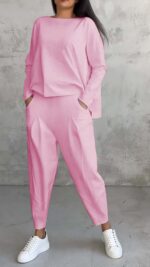 Women's Irregular Suit Long-sleeved Round Neck Top And Loose Harem Pants With Pockets Ins Fashion Trousers Set Women's Clothing - Image 7