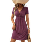 Color Cotton Short Sleeve V-neck Design Chest Twist Waist Dress - Image 4