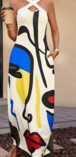 Women Summer Casual Vacation V-Neck Straight Dress, With Side Pockets, Stripes And Face Print Pattern - Image 3