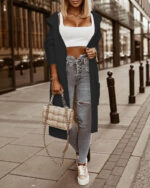 Ladies Hooded Solid Color Mid-length Knitwear Fashion Casual Pocket Long Sleeve Trench Coat - Image 5