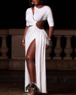 Short Sleeve Irregular Shoulder Slit Dress - Image 2
