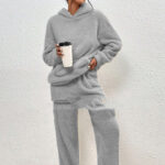 Fleece-lined Hooded Long Sleeve Dimensional Patch Pocket Casual Trousers Solid Color Suit - Image 4