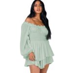 Fashion Solid Color Off-neck Pleated Ruffled Stitching Long Sleeve Casual Jumpsuit - Image 5
