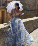Floral Off-the-shoulder Strap Lace-up Large Swing Skirt Organza Dress - Image 3