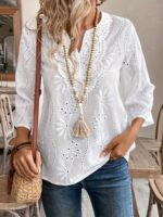 Loose V-neck Temperament Commute Embroidered Bell Sleeve Lace Top - Image 3