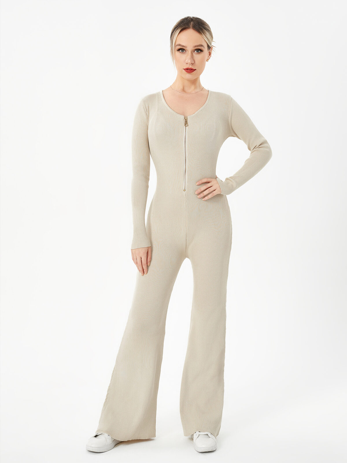 Zippered Round Neck Flared Trousers - Image 3