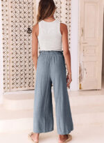 Elastic Waistband Lace-up Wide Leg Pants Solid Color Cropped Pants - Image 9