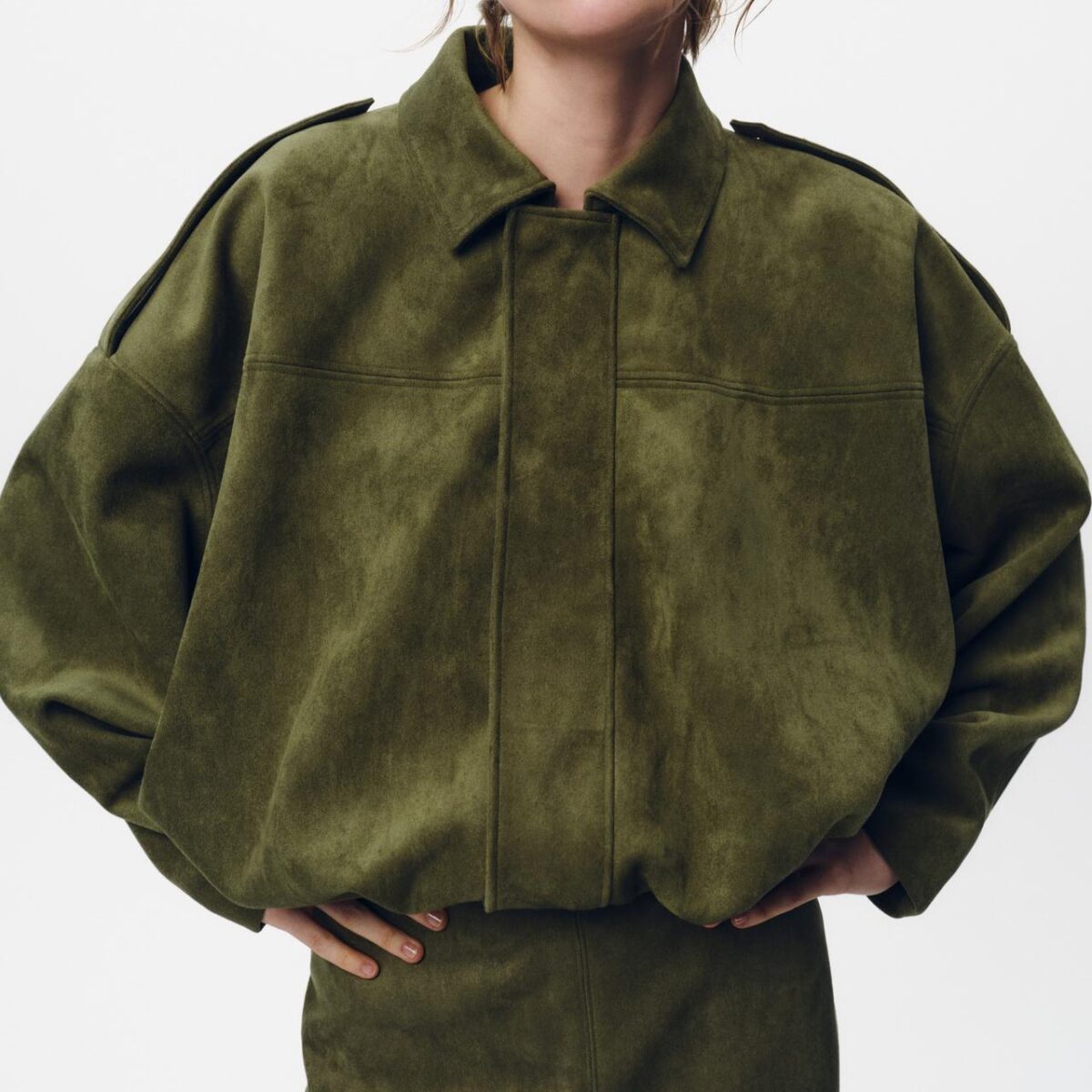 Women's Batwing Sleeve Lapel Suede Texture Effect Pilot Jacket - Image 1