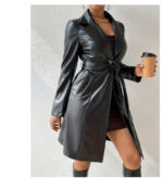 PU Long Sleeve Women's Slim Fit Long Trench Coat - Image 3