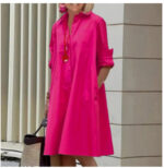 Ladies Shirt Long Sleeve Solid Color Simple Mid Length Dress - Image 9