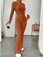 Long Sleeve Turtlenecks Wide Leg High Waist Trousers Suit - Image 8