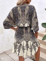 Paisley Print Batwing Sleeve Tassel Tie Front Ruffle Hem Dress - Image 5