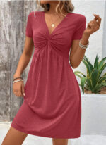 Color Cotton Short Sleeve V-neck Design Chest Twist Waist Dress - Image 8