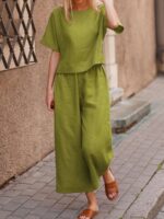 European And American Women's Linen Casual Loose Solid Color Suit Two-piece Women - Image 8