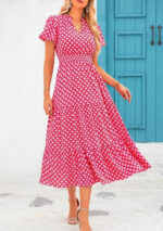 Women's V-neck Bubble Pleated Print Short Sleeve Dress - Image 5