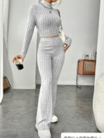 Long Sleeve Turtlenecks Wide Leg High Waist Trousers Suit - Image 4