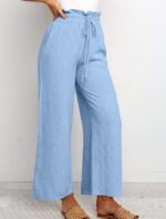 Elastic Waistband Lace-up Wide Leg Pants Solid Color Cropped Pants - Image 4