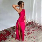 Sexy One-shoulder Backless Slit Dress Summer Elegant Slim-fit Solid Color Satin Dresses For Women - Image 9