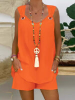 Elegant Solid Color Sleeveless Casual Top Shorts Suit - Image 8