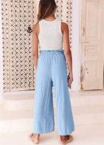 Elastic Waistband Lace-up Wide Leg Pants Solid Color Cropped Pants - Image 3
