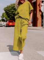 Solid Color Texture Casual Fashion Women's Wear Short-sleeved Trousers Two-piece Set - Image 8