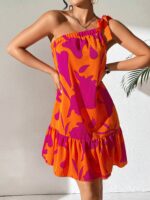 Floral Print One Shoulder Ruffle Hem Dress - Image 3