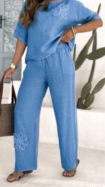 Women's 2-piece Set Plus Size Embroidered Leisure Suit High Waist Loose Trousers - Image 8