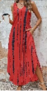 Women's Tie Dye Tank Max Dress Sleeveless V Neck Asymmetrical Split Hem Dresses With Pocket Vacation Dress - Image 2