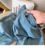 Sweet Style Elastic Waist Splicing Lace Lace Hollow Denim Nine-point Pants For Women - Image 3
