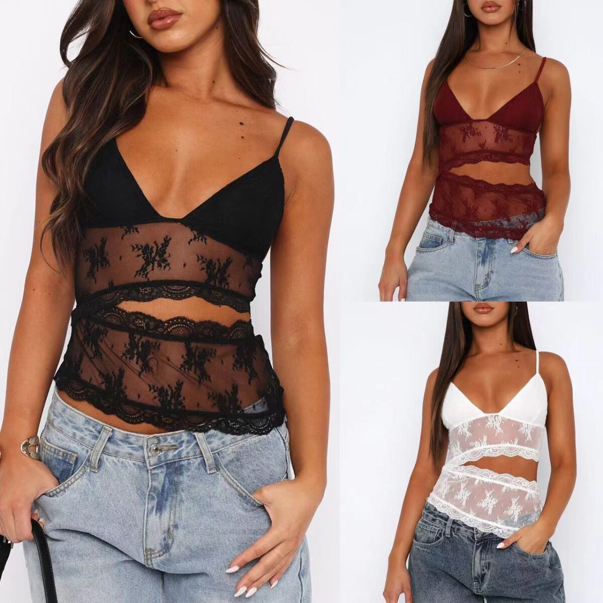 Lace Stitched Backless Small Sling Women V Neck Tank Top Underwear Vest Candy Color Bralette Clothes - Image 1