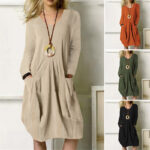 Women's Cotton Linen Loose Casual Solid Color Pocket Dress