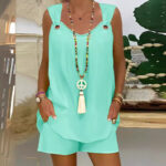 Elegant Solid Color Sleeveless Casual Top Shorts Suit - Image 2