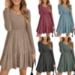 Solid Color Round Neck Knitted Dress Sweater - Image 3