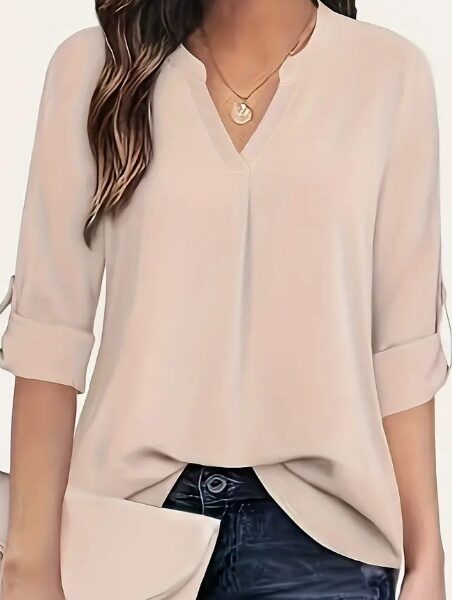 Chic Solid V-Neck Blouse - Fashionable Simplicity For Women - Relaxed Casual Long Sleeve Style