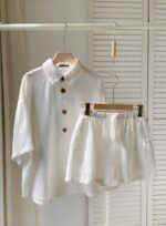 Summer Solid Color Off Shoulder Loose Women's Shirt And Shorts Casual Set - Image 5