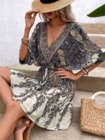Paisley Print Batwing Sleeve Tassel Tie Front Ruffle Hem Dress - Image 4