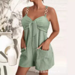 Women's Clothing Elegant Solid Color Metal Strap Pocket Short Casual Jumpsuit - Image 3