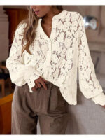 European And American Ladies Fashion Casual Lace Shirt Long Sleeve Button Shirt - Image 3