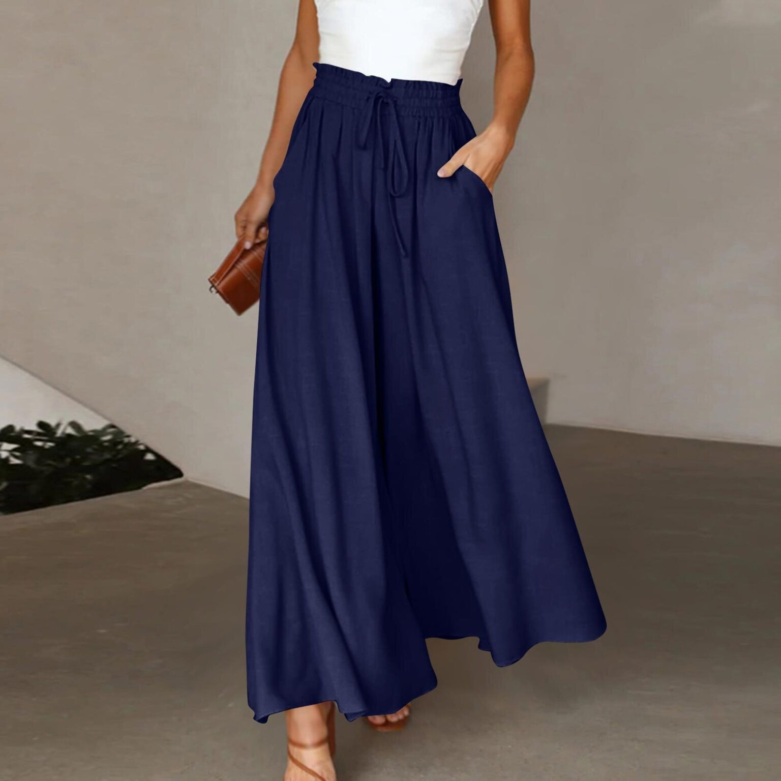 Women's Fashion Wide Leg Elastic Waistband Wide Leg High Waist Long Dress Pants - Image 9