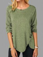 Irregular Button Hem Long Sleeved Round Neck Oversized T-shirt - Image 3
