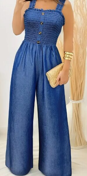 Stylish Ruched Jumpsuit - Sleeveless, Shirred, Wide Leg, Solid Color, Button Decor, Casual, Spring & Summer Essential - Women's Fashion Clothing For Warm Weather