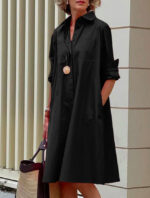 Ladies Shirt Long Sleeve Solid Color Simple Mid Length Dress - Image 2