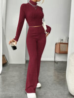 Long Sleeve Turtlenecks Wide Leg High Waist Trousers Suit - Image 5