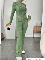 Long Sleeve Turtlenecks Wide Leg High Waist Trousers Suit - Image 3
