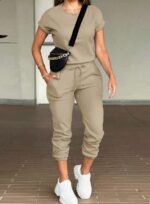 2pcs Women Solid Color Round Neck Short Sleeve Top And Drawstring Pocket Long Pants Casual Suit - Image 5
