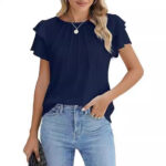 Summer Pleated Short Sleeve Round Neck Top Business Work Shirt - Image 4