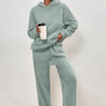 Fleece-lined Hooded Long Sleeve Dimensional Patch Pocket Casual Trousers Solid Color Suit - Image 6