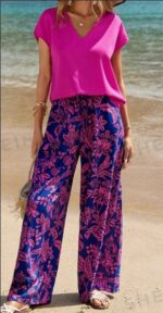 Women's Solid V-Neck Short Sleeve Top And Botanical Print Pants - Image 3
