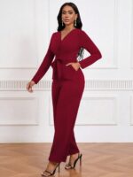 Simple And Stylish, Elegant Commuting Jumpsuit, Long Sleeve Straight Jumpsuit, V-neck, Cross Pleated, Tie-up Casual Jumpsuit, For Everyday Wear. - Image 3