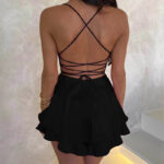 Sexy Suspender Skirt For Women Elegant Slim Strap Satin Backless Lace Up A-Line Short Dress Lady - Image 3